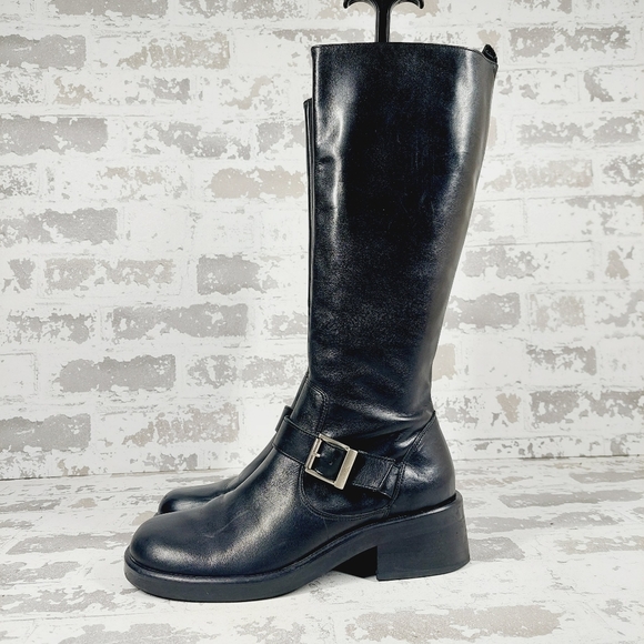 Calvin Klein Black Leather Block Heel Buckle Detail Tall Boots F401 - Picture 1 of 13